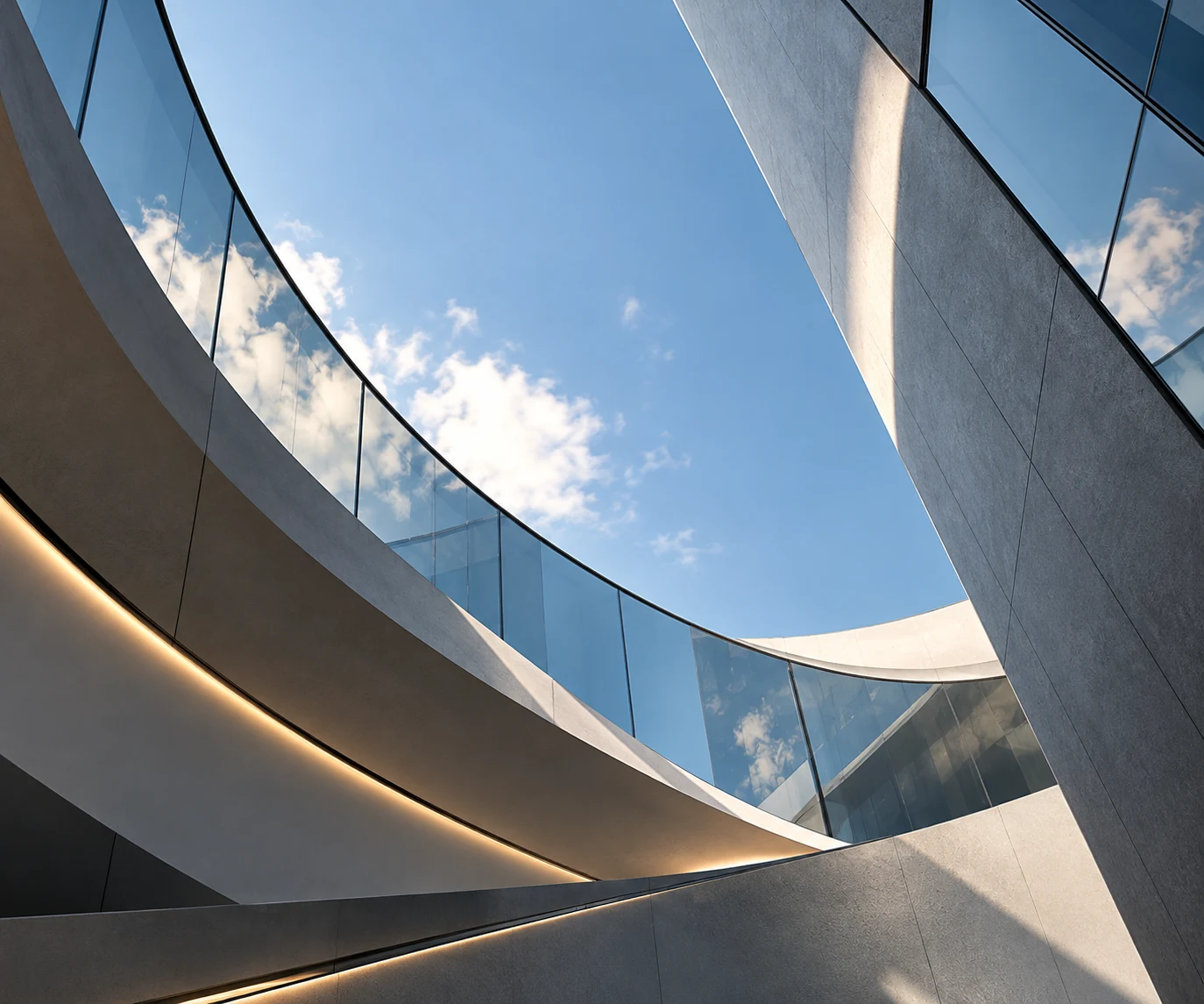 Curved contemporary glass and metal architecture beneath open skies