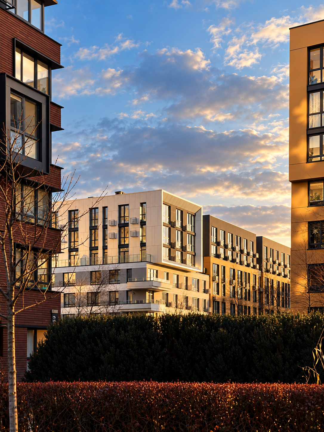 Urban courtyard architecture in golden-hour light